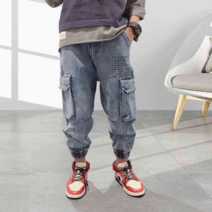 Trendy Jeans voor Jongens Kinderen Herfst Kinderkleding Soft Jeans Losse Denim Broek Big Pocket Cargo Pant Hip Hop Boys Broek G1220