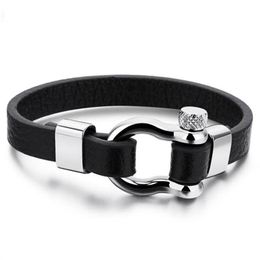 Bijoux à la mode Hip-Hop Bracelet en cuir hommes en acier inoxydable hommes accessoires de mode noir bracelets décontractés bracelets de charme cadeaux255c