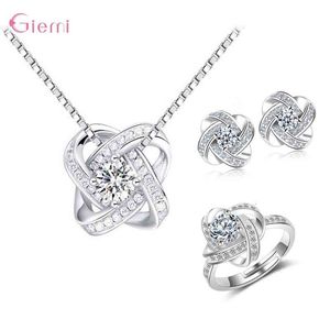 Trendy Sieraden Sets Fijn 925 Sterling Zilver Oostenrijk Crystal Bruids Sieraden Set Bloem Hanger Ketting Oorbellen Ring Parure