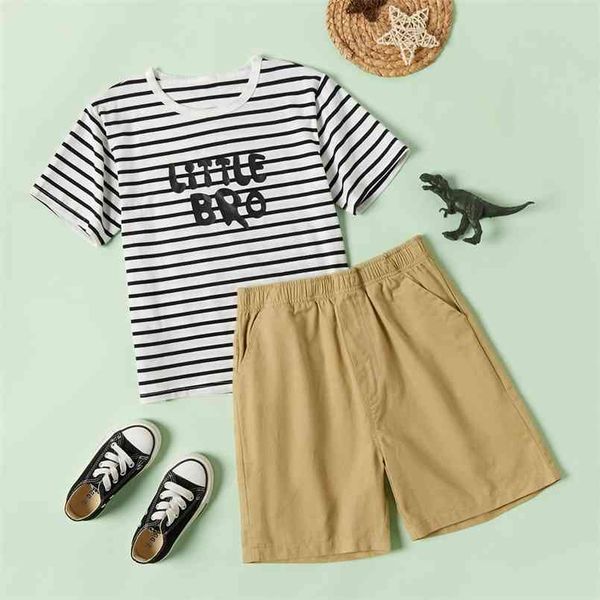 Trendy Kid Boy Stripe Letter Brother Print Pocket Shorts Costumes décontractés 210528