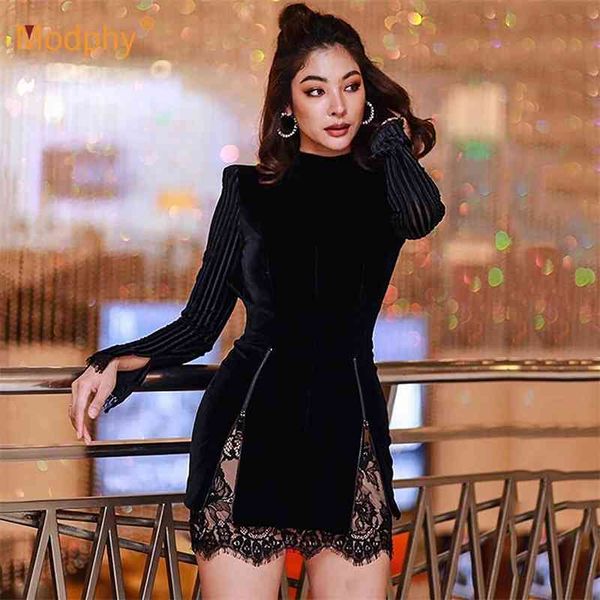 Mini vestido de terciopelo negro de encaje de moda para mujer de manga larga con cremallera Vestidos de fiesta de noche Vestidos Sexy Otoño Invierno 210527