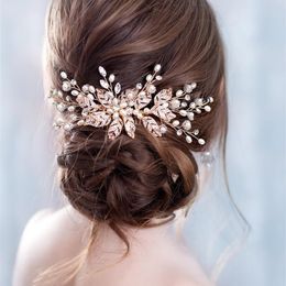 Trendy Leaf Pearl Rose Gold Wedding Hair Combs Tiara Bridal Headpiece Women Hoofd Decoratieve sieraden Bruiloft Haaraccessoires Y200409