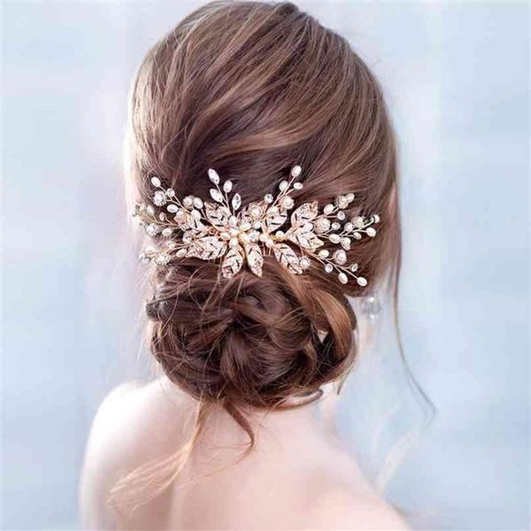 Peignes à cheveux de mariage en or Rose, feuille tendance, perle, diadème, couvre-chef de mariée, accessoires de bijoux décoratifs pour femmes, 210707281b