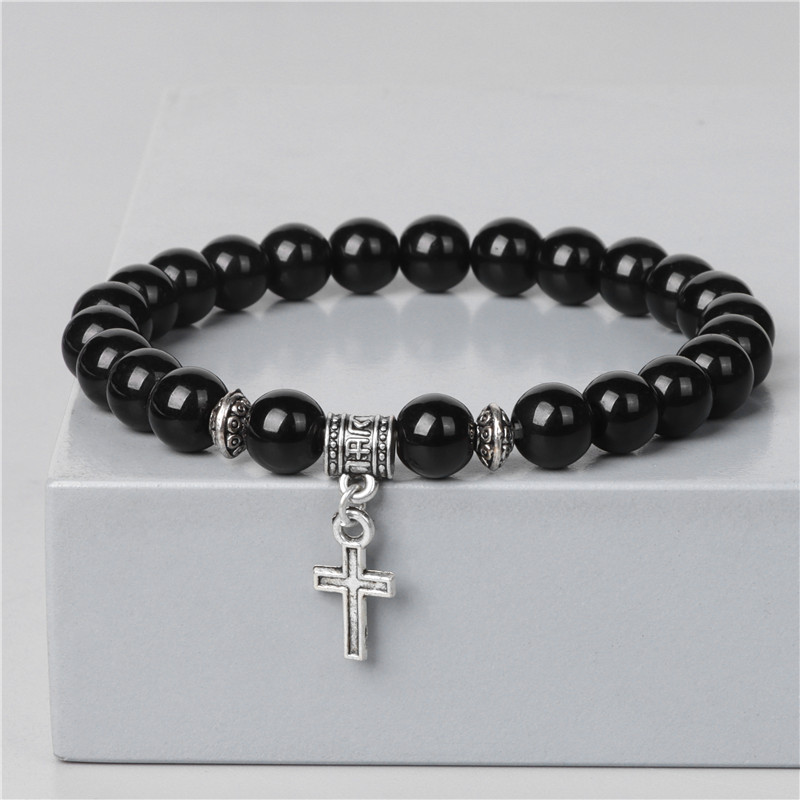 Trendy Men Beads Bracelet Slivers Color Cross Pendant Bracelet Natural Stone Bracelets Charm for Women Healing Prayer Jewelry