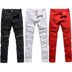 Trendy Mannen Mode College Jongens Skinny Runway Rechte Rits Denim Broek Vernietigd Ripped Jeans Zwart Wit Rood Jeans12592