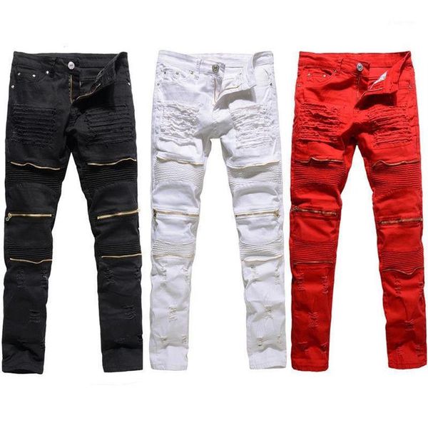 Hommes à la mode mode collège garçons maigre piste droite fermeture éclair Denim pantalon détruit déchiré jean noir blanc rouge Jeans13291