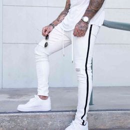 Trendy Men Skinny Jean Biker vernietigde gerafelde pasvorm Ripped Denim Broek Side Stripe Potlood Pant Hip Hop Streetwear