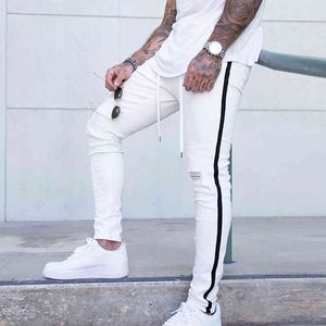 Hommes à la mode Skinny Jean Biker détruit effiloché Fit déchiré Denim pantalon côté rayure crayon pantalon Hip Hop Streetwear