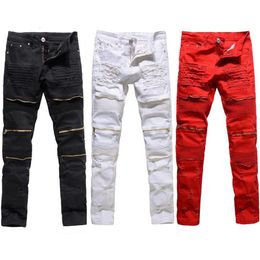 Trendy heren vernietigde gescheurde jeans zwart wit rood mode college jongens skinny runway rechte rits denim broek jean2897