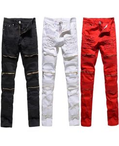 Moda para hombre Moda College Boys Skinny Runway Pantalones de mezclilla con cremallera recta Vaqueros rotos destruidos Vaqueros rojos negros blancos 9885149