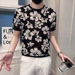 T-shirt à manches courtes pour hommes à la mode Social Boy Floral col rond séchage rapide soie glacée sensation de fraîcheur moitié