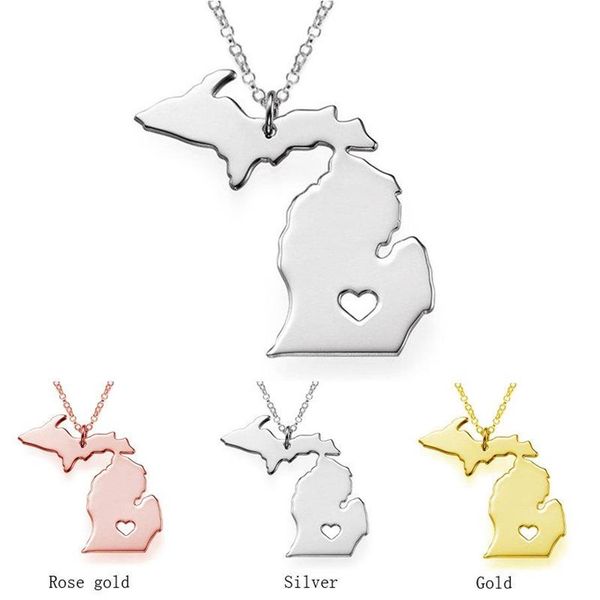 Collier carte du Michigan à la mode, pendentif en forme de cœur en acier inoxydable pour femmes, bijoux à la mode, cadeau, lot de 12 pièces, Necklaces287J