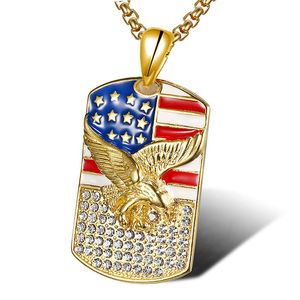 Drapeau national américain à la mode Carte militaire Armée USA Dog Tag Eagle Pendentif Collier Hip Hop Hommes Femmes Punk Cristal Diamant Bijoux