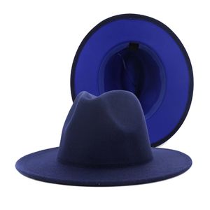 Trendy Navy Blue RoyalBlue Patchwork Faux Wol Fedora Hoeden Vrouwen Mannen Vilt Vintage Panama Jazz Cap met gesp
