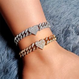 À la mode Nouveau Iced Out Coeur Cristal Cubain Chaîne Cheville Bracelet pour Femmes TOP Hop Pavé Strass Lien Cheville Pieds Nus Bijoux 230719