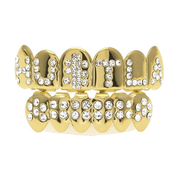 Accessoires de fête à la mode Hip Hop Bling Bijoux Bio Cuivre Or Dents Grillz Caps Haut Bas Avec CZ HUSTLA Works Charm Grill Set Tooth Socke