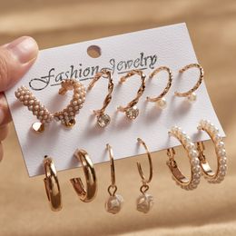 À la mode perle Zircon tempérament boucles d'oreilles goujons femmes géométrique métal oreille goujons 9 pièces ensemble 2021 européen et américain nouveaux bijoux
