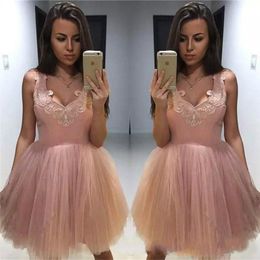 Trendy Roze V-hals Applique Arabisch Korte Homecoming Jurken Tule Mouwloze Afrikaanse Korte Prom Jurk Cocktail Graduation Party Club Draag