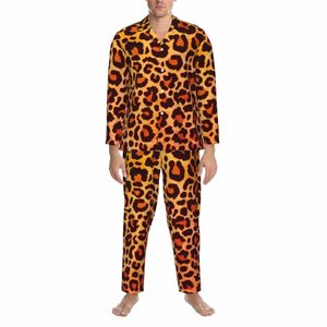 Ensembles de pyjama léopard à la mode Imprimé animal Kawaii Vêtements de nuit Hommes Lg-Sleeve Vintage Nuit 2 Pièces Vêtements de nuit Grande Taille 2XL k10A #