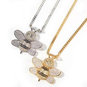 Bijoux Punk à la mode cadeau plaqué or pendentif abeille CZ complet avec chaîne cubaine collier bijoux cadeau pour ami en gros