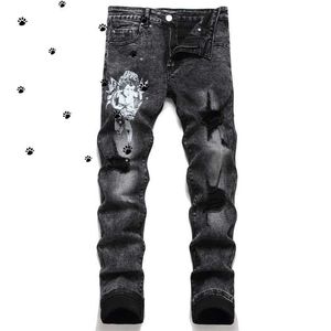 À la mode violet Amri Designer noir jeans Denim pour homme hommes broderie pantalon hommes mode déchiré jean 9HCUZ