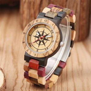 Trendy Quartz Dames Horloges Kompas Patroon Ontwerp Wijzerplaat Gemengde Kleur Houten Armband Dame Horloge Natuurlijke Vrouwelijke Bangle Horloge