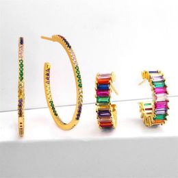 Trendy Rainbow Baguette Cubic Zirconia CZ Hoop Earring Gold Filled Kleurrijke Prachtige Europese Huggie oorbellen sieraden ers-q98223w