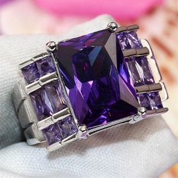 À la mode rectangulaire violet Zircon anneaux pour femmes dames Simple grande pierre bague de mariage bijoux de mariée taille entière 6-10 anillos210C
