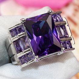 À la mode rectangulaire violet Zircon anneaux pour femmes dames Simple grande pierre bague de mariage bijoux de mariée taille entière 6-10 anillos331W