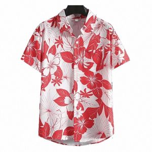 Chemises imprimées rouges à la mode pour tenue de plage décontractée - Col roulé pour hommes de qualité supérieure X5eh #