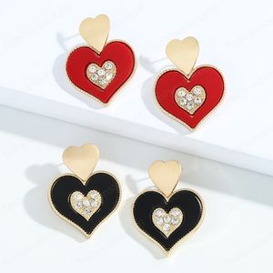 Trendy Rhinestone Multilayered Heart Earring Women Metal Red Black Love Drop Dangle Oorbellen Sieraden