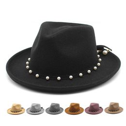 Trendy Roll Dakrand Vilt Fedora Hoge Hoed Voor Mannen Vrouwen Versieren Met Parel Outdoor Gentleman Leisure Jazz Hoed Gift HCS175