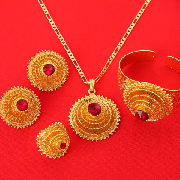 Pendientes Trendy Romantical 24k Gold Color Etíope Rojo Verde Azul Color Stone African Eritrean Jewelry Sets