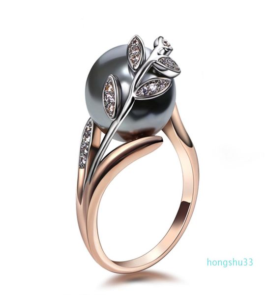 Trendy Rose Gold Color Ring Big Grey Pearl Women Leaf Bijoux tendance Drop anel anillos aneis sagues fémires déclaration Jewe5943402