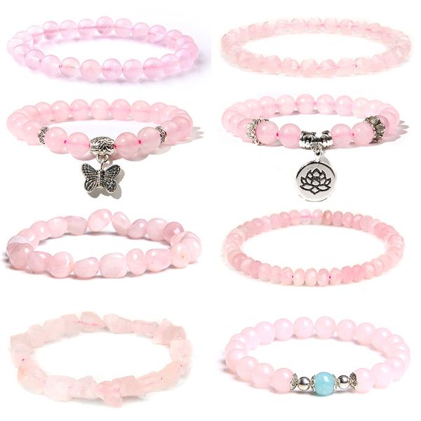 Pulsera de cuarzo rosa de moda, pulseras de cuentas de cristal rosa, abalorios de piedra natural elástica, brazaletes curativos, joyería para mujer, regalo de Reiki