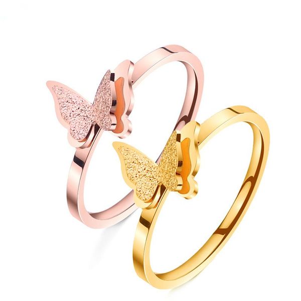 Anillos de boda de mariposa 3D de matorral de moda, joyería de Color oro rosa, anillo esmerilado de compromiso de acero inoxidable que no se decolora