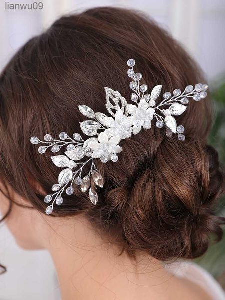 Tocado de novia con flores plateadas a la moda, tocados de diamantes de imitación, adornos románticos para el cabello para mujer, Tiara, accesorios de boda para el cabello L230704