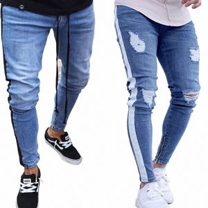 Pantalones vaqueros ajustados de moda para hombre, pantalones vaqueros elásticos con agujeros rasgados, ropa de calle recta de otoño para hombre, pantalones vaqueros de Hip hop de talla grande A0M3 #