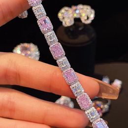 Trendy vierkante roze diamanten armband 100% echt 925 sterling zilveren bruiloftsarmbanden voor dames bruidsverlovingssieraden