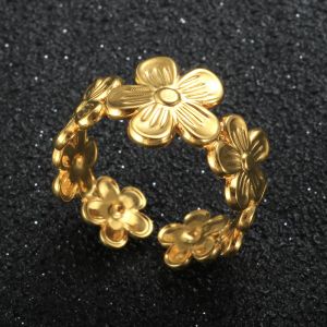 Anillos de ajuste con apertura de flor de cinco hojas y sol a la moda para mujeres y hombres, anillo geométrico de oro amarillo de 14k para parejas, joyería decorativa, regalos