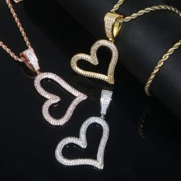 Trendy Gekanteld Holle Hart Hanger Ketting Glossy Charms Iced Out Prong Setting CZ Zirconia Hip Hop Vrouwen Gift Sieraden