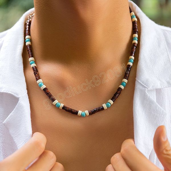 À la mode Turquoise bois perles collier hommes Vintage court perlé chaîne colliers ras du cou bijoux de mode collier sur cou accessoires