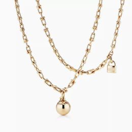 Trendy Unisex Kettingen 925 Zilveren Dubbele U-vormige Hoefijzer Ketting Ronde Ball Lock Hanger Vergulde Ketting