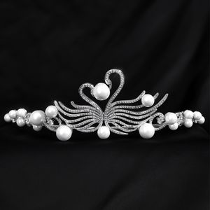 Trendy bruiloft headpieces Double Swan Tiaras For Women Birthday Party Charming Pearl Princess Crown Girls Hair Accessoires Gift