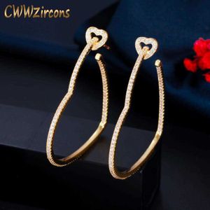 Trendy Blanc Cubique Zircone Jaune Or Couleur Amour Coeur Forme Grand Cerceau Boucles D'oreilles pour Femmes Bijoux Cadeau CZ799 210714