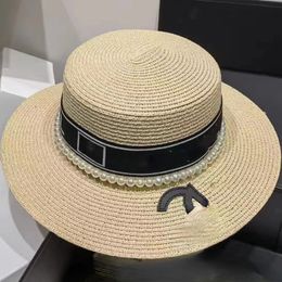 Chapeaux seau en paille pour femmes, tendance, élégants, décontractés, perles d'eau, lettres doubles, à grand bord, plats