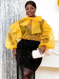 Chemisier jaune tendance pour les femmes transparents en tulle voir à travers Bowtie Ruffles Trim Shirt Office Office Work Club Plus taille 4xl 240522