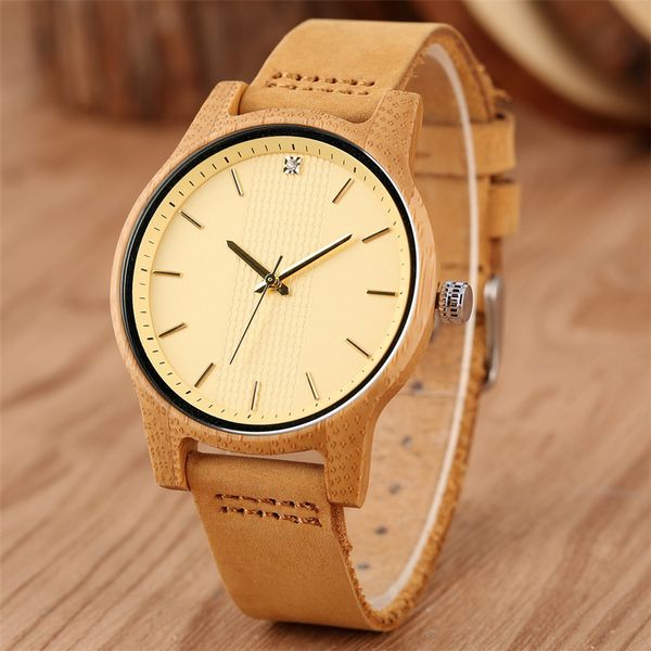 Montre à cadran jaune pour femmes, montre minimaliste en bois, affichage des strass, montre à Quartz marron en cuir véritable, horloge féminine