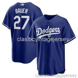 Trevor Bauer #27 marineblauw honkbalshirt XS-6XL gestikt heren dames jeugdhonkbalshirt