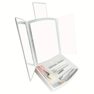 Miroir de maquillage éclairé à trois volets avec plateau de rangement à 4 compartiments - Miroir de maquillage pliant à LED Miroir de courtoisie modèle USB - Parfait pour le voyage et le rangement